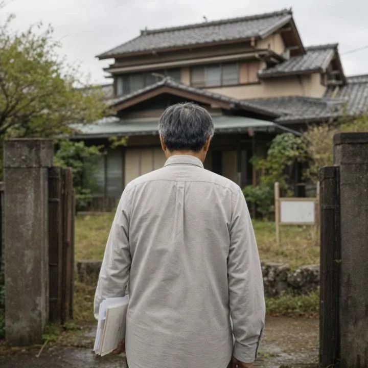 相続した実家を前に立ち尽くす中年男性の後ろ姿