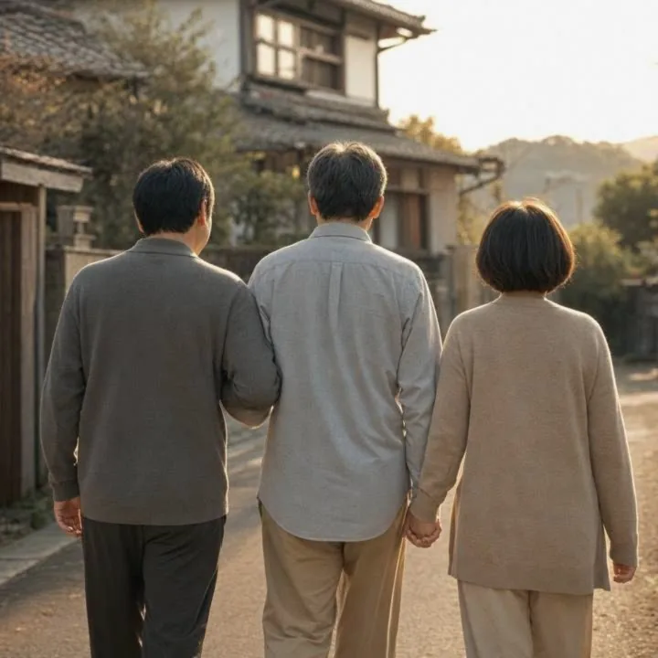 相続した実家を背に手を取り合って前へ歩く3兄妹の後ろ姿